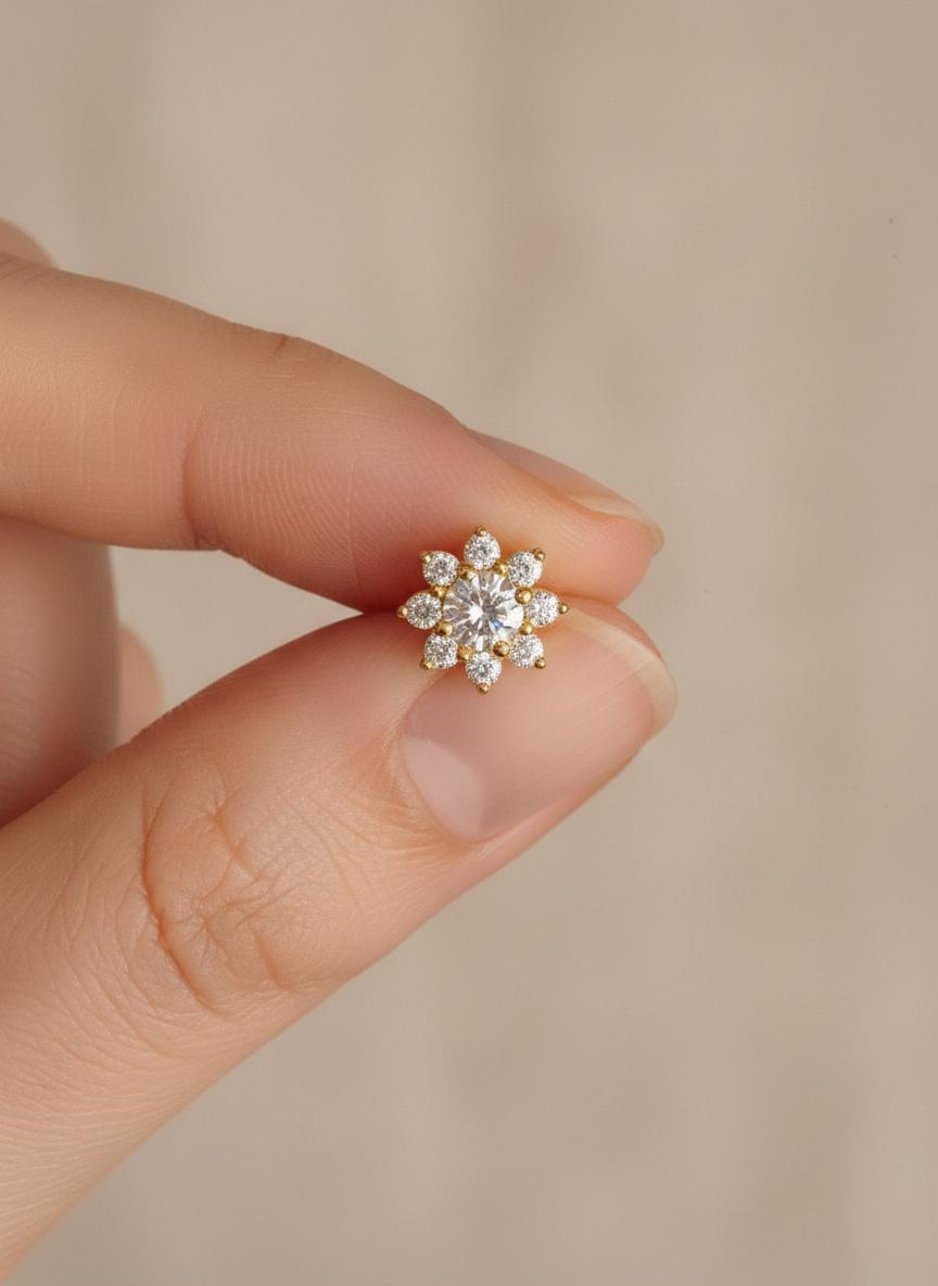 Flower Stud Earrings / Flower Stud Charm / Diamonds Minimalist Earrings / Floral Jewelry / Christmas Gift for Her / Valentine's Day Gift