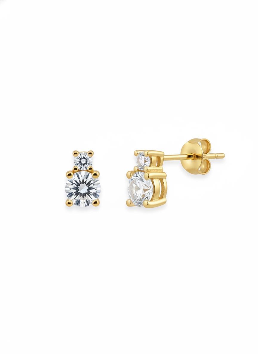 Two Stone Diamond Earrings / 18K Gold Plated Diamond Studs / Bridesmaid Earrings / Wedding Earrings Gift for Her