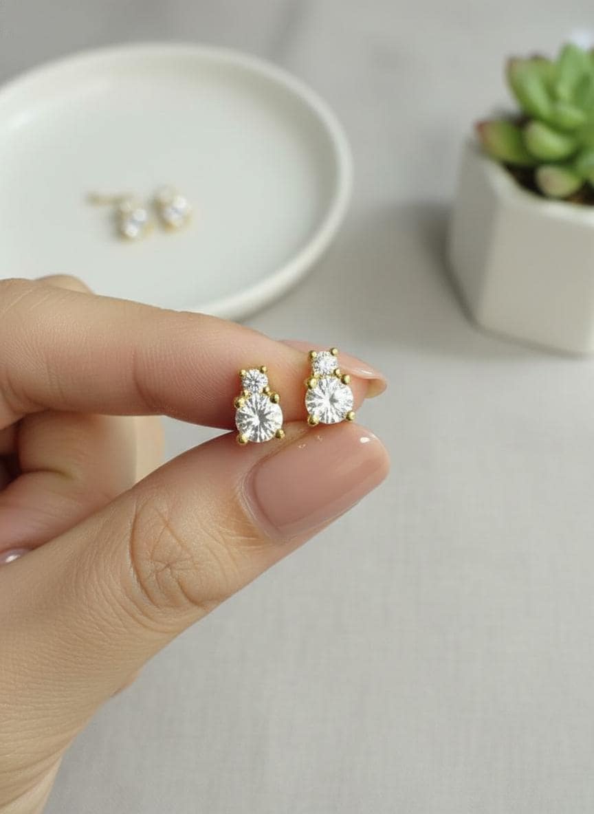Two Stone Diamond Earrings / 18K Gold Plated Diamond Studs / Bridesmaid Earrings / Wedding Earrings Gift for Her
