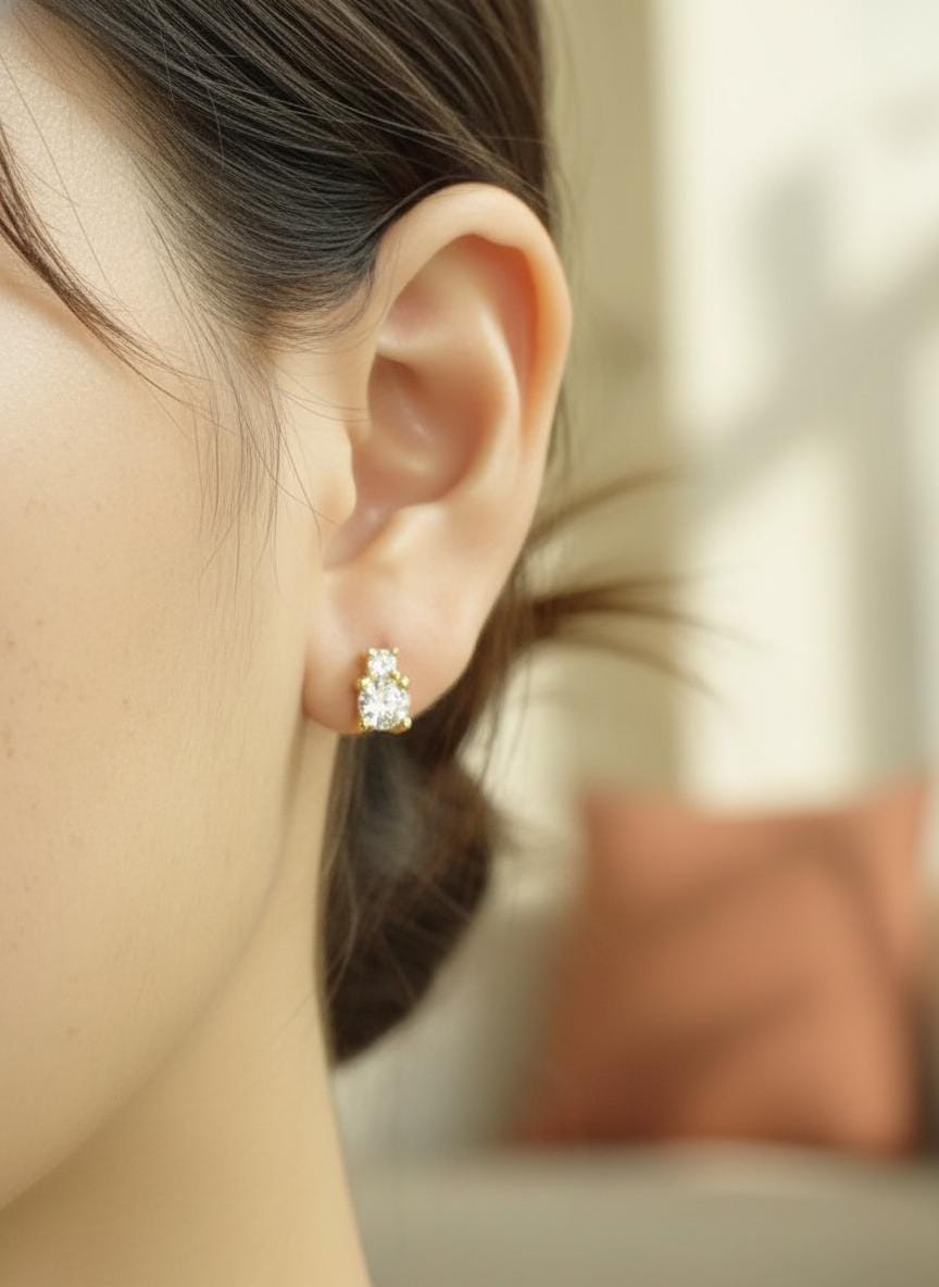 Two Stone Diamond Earrings / 18K Gold Plated Diamond Studs / Bridesmaid Earrings / Wedding Earrings Gift for Her