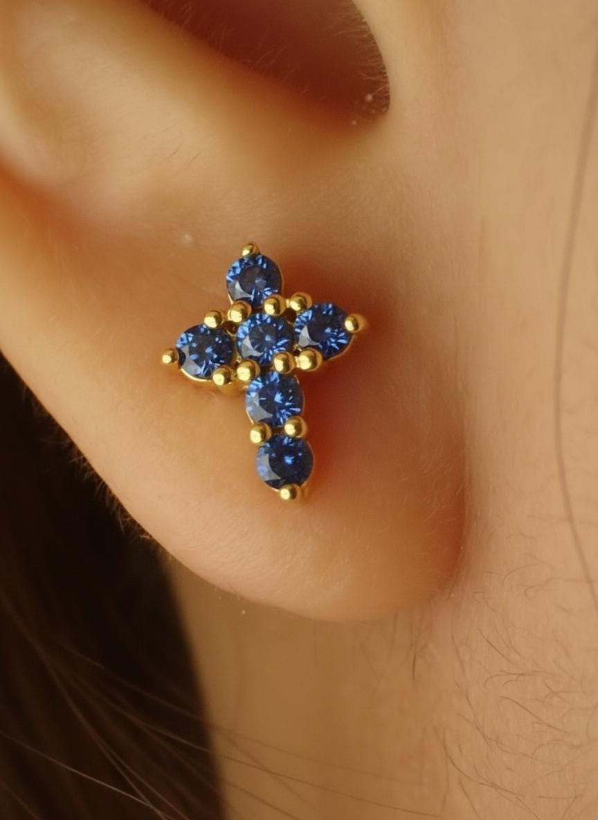Blue Sapphire Cross Stud Earrings / Tiny Cross Studs September Birthstones / Religious Earrings Gift / Holiday Gift for Her