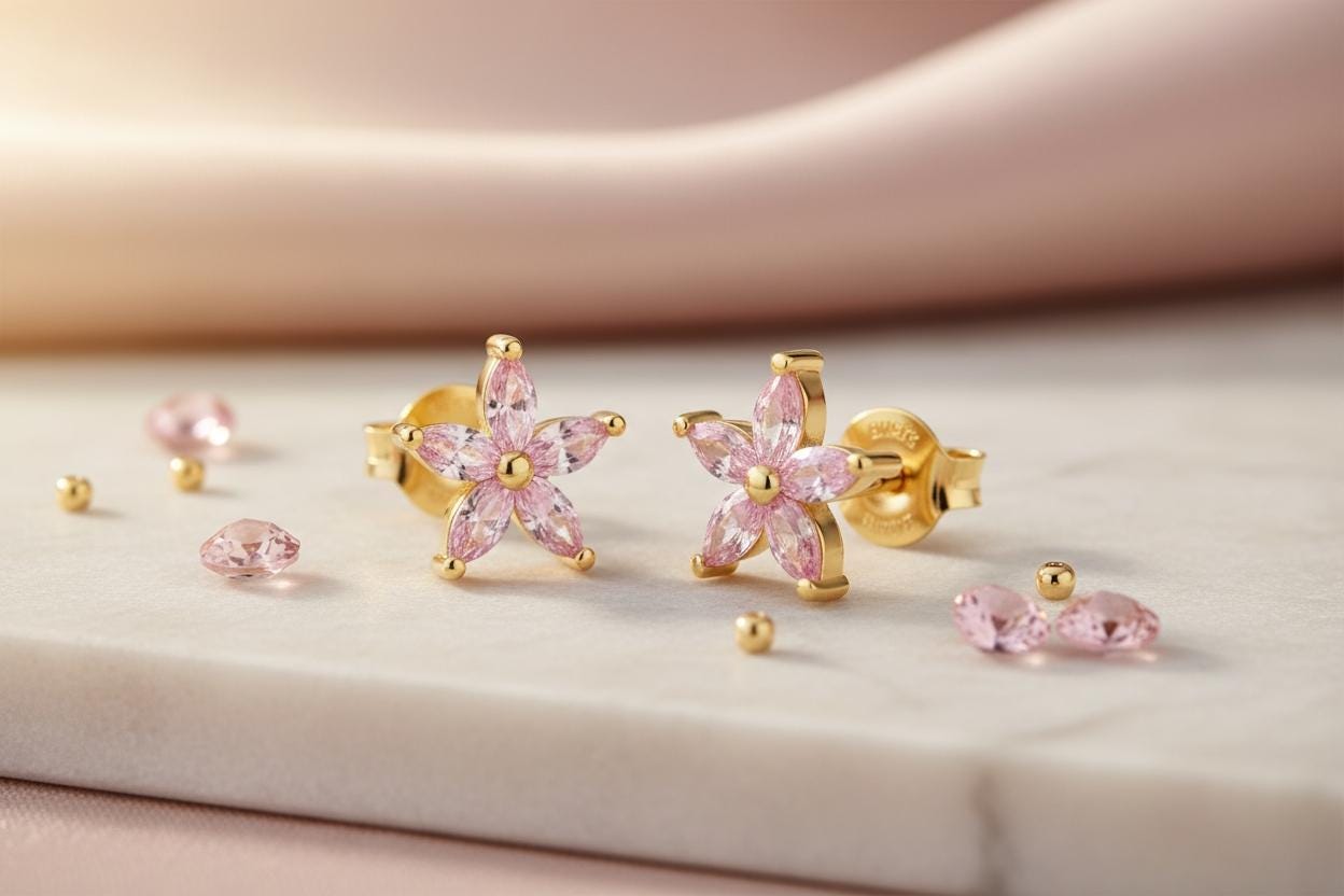 Pink Sapphire Flower Stud Earrings, September Birthstones, Everyday Earrings Gift for Her, Floral Studs, Graduation Gifts