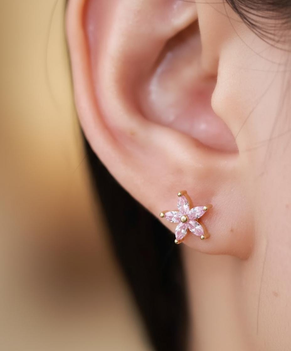 Pink Sapphire Flower Stud Earrings, September Birthstones, Everyday Earrings Gift for Her, Floral Studs, Graduation Gifts
