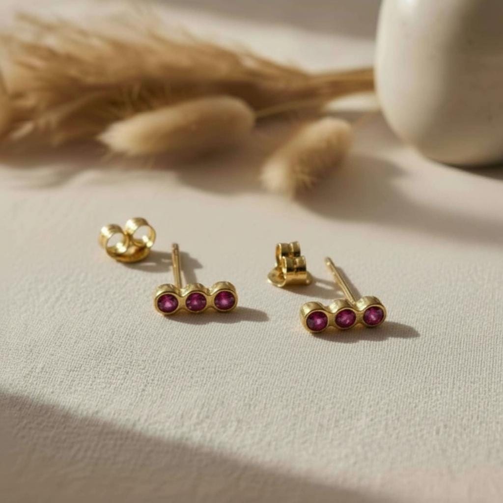 Ruby Earrings / Three Stone Stud Earrings / July Birthstone Gift / Minimalist Gemstone Earrings