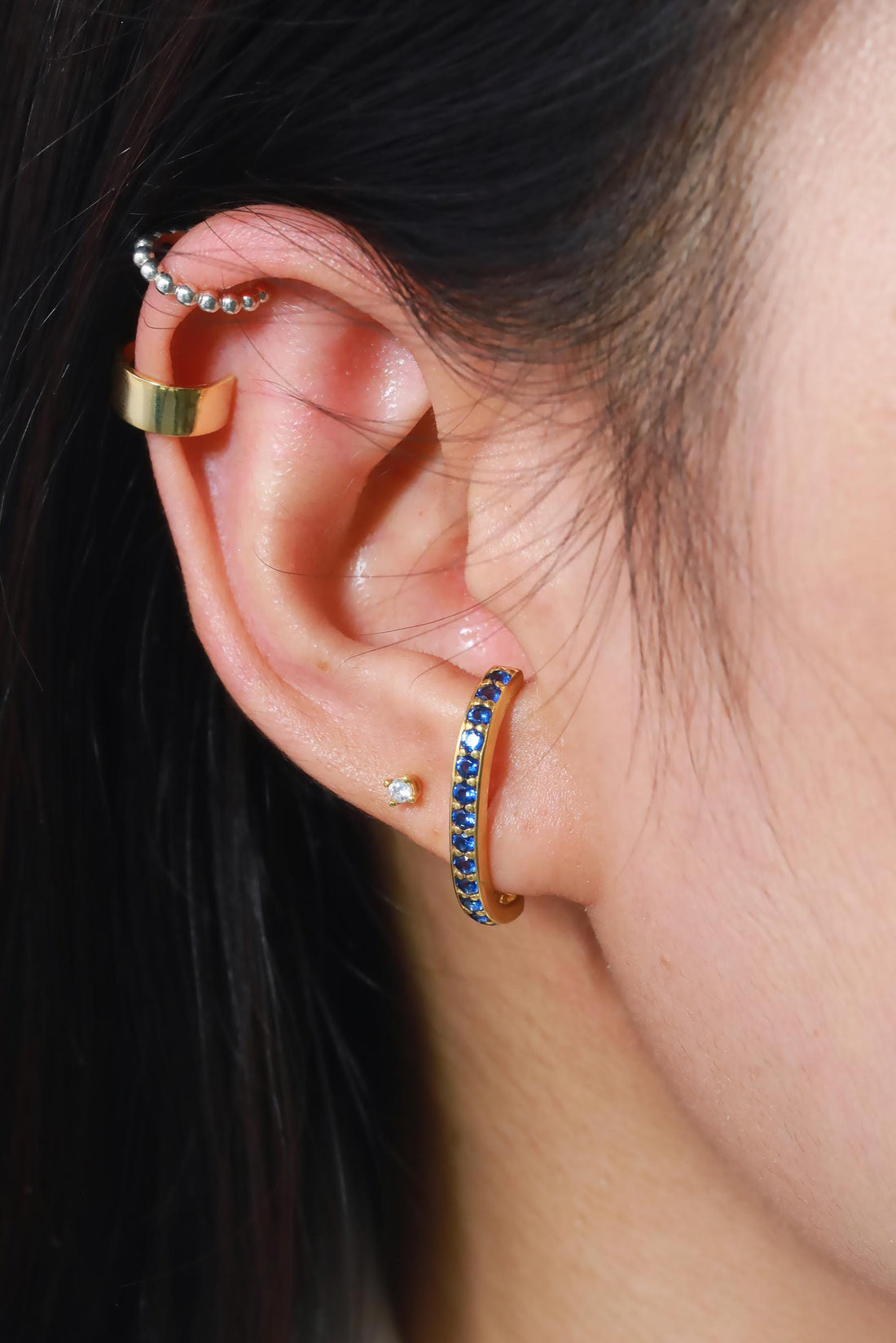 Blue Sapphire Curve Bar Stud Earrings, September Birthstone Gifts, Suspender Cuff Stud Earrings, Dainty Earrings Gift For Women