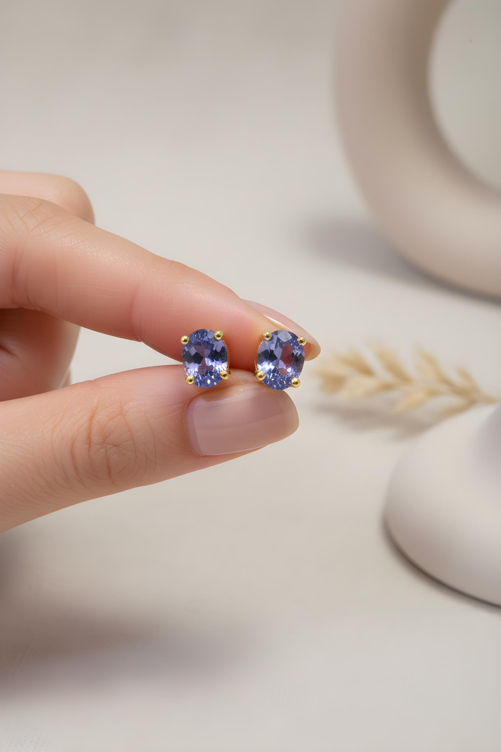 Tanzanite Stud Earrings, 925 Sterling Silver Purple Gemstone Studs, Handmade Earrings for Women, December Birthstone Gift