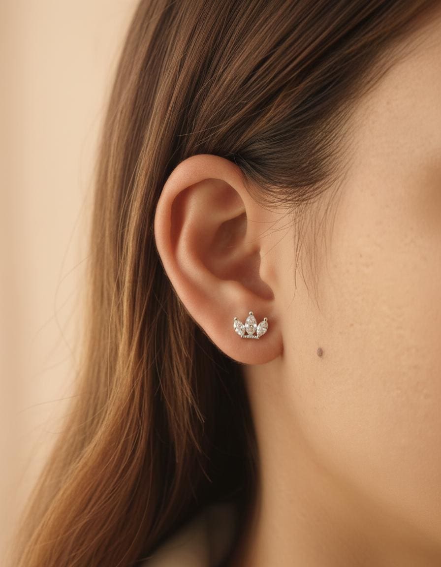 Lotus Flower Diamond Marquise Earrings / Minimalist Marquise Diamond Flower Shaped Stud Earrings / Earrings Gift  for Women / In Stock