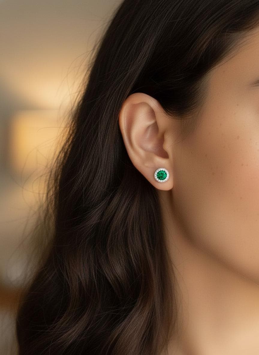 Emerald Stud Earrings, May Birthstone Gift, 18K Gold Plated Diamond Halo Emerald Earrings, Everyday Jewelry for Women