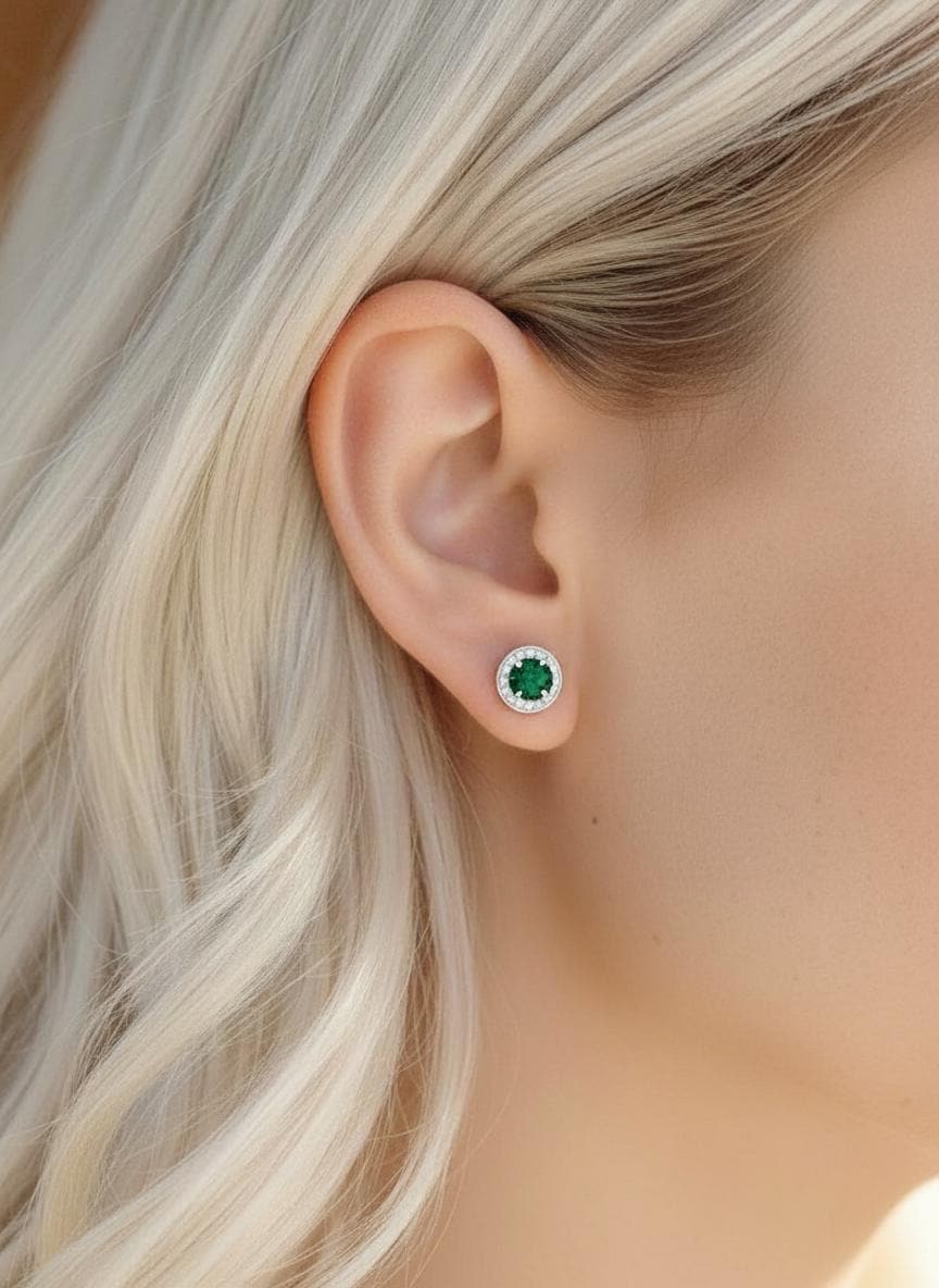 Emerald Stud Earrings, May Birthstone Gift, 18K Gold Plated Diamond Halo Emerald Earrings, Everyday Jewelry for Women