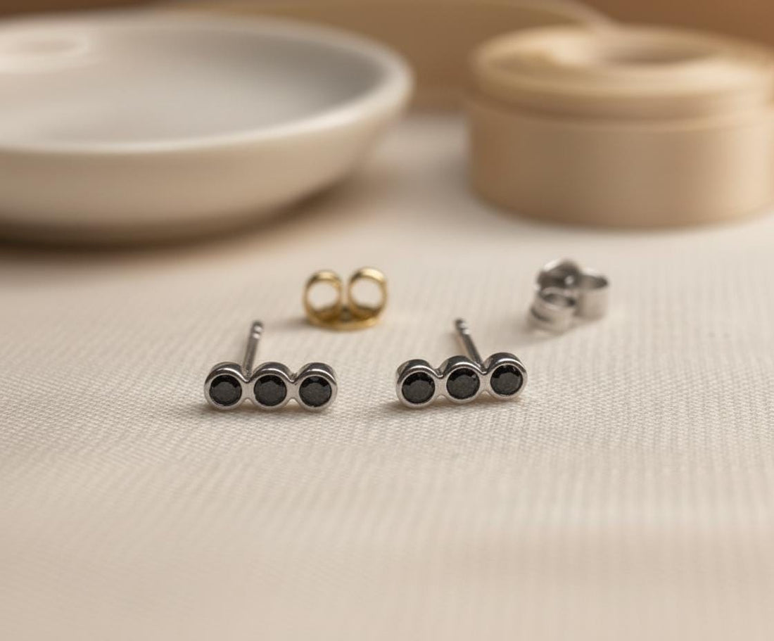 Black Diamond Earrings / Three Stone Stud Earrings / Minimalist Earrings / Dainty Black Diamond Studs