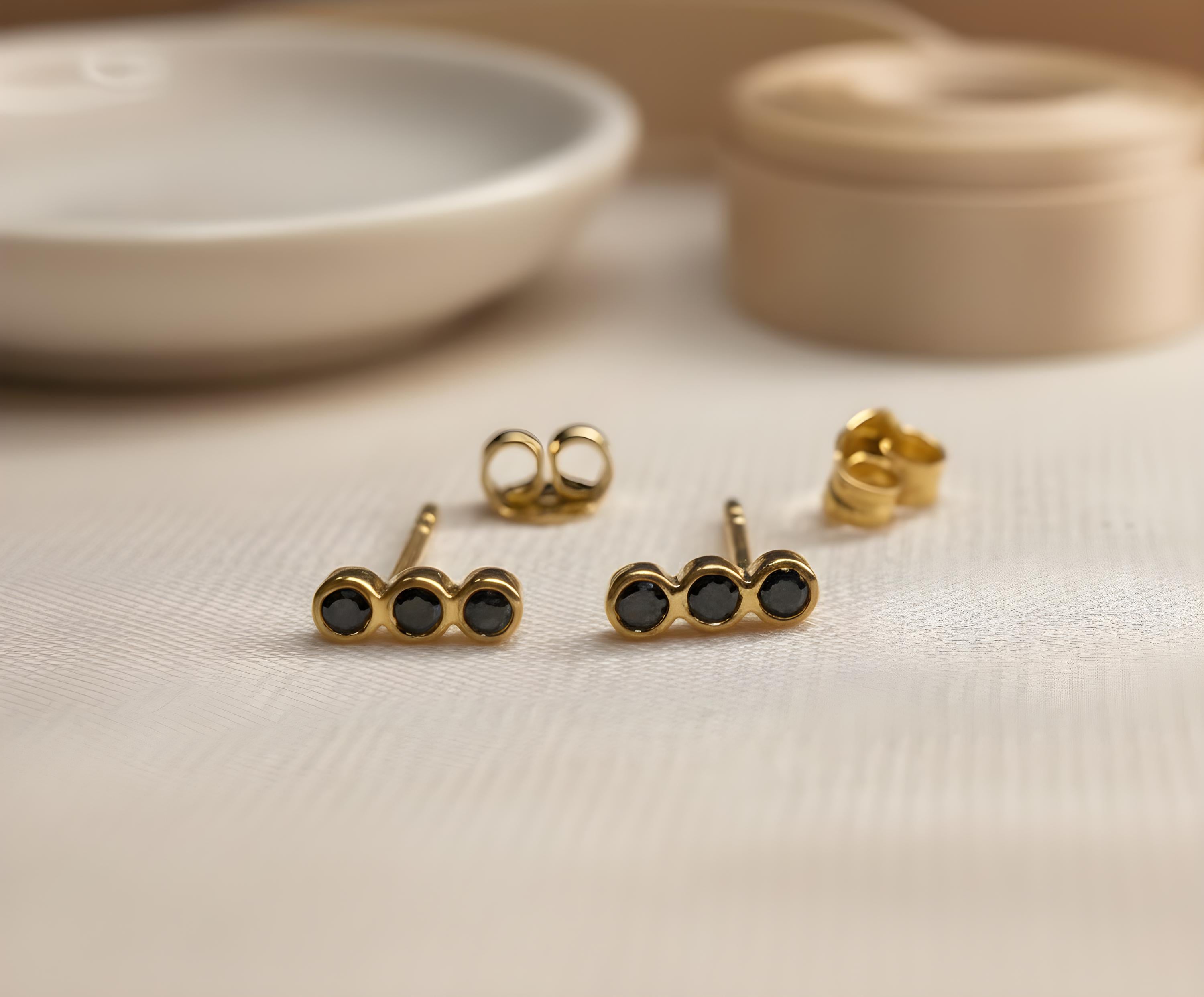 Black Diamond Earrings / Three Stone Stud Earrings / Minimalist Earrings / Dainty Black Diamond Studs