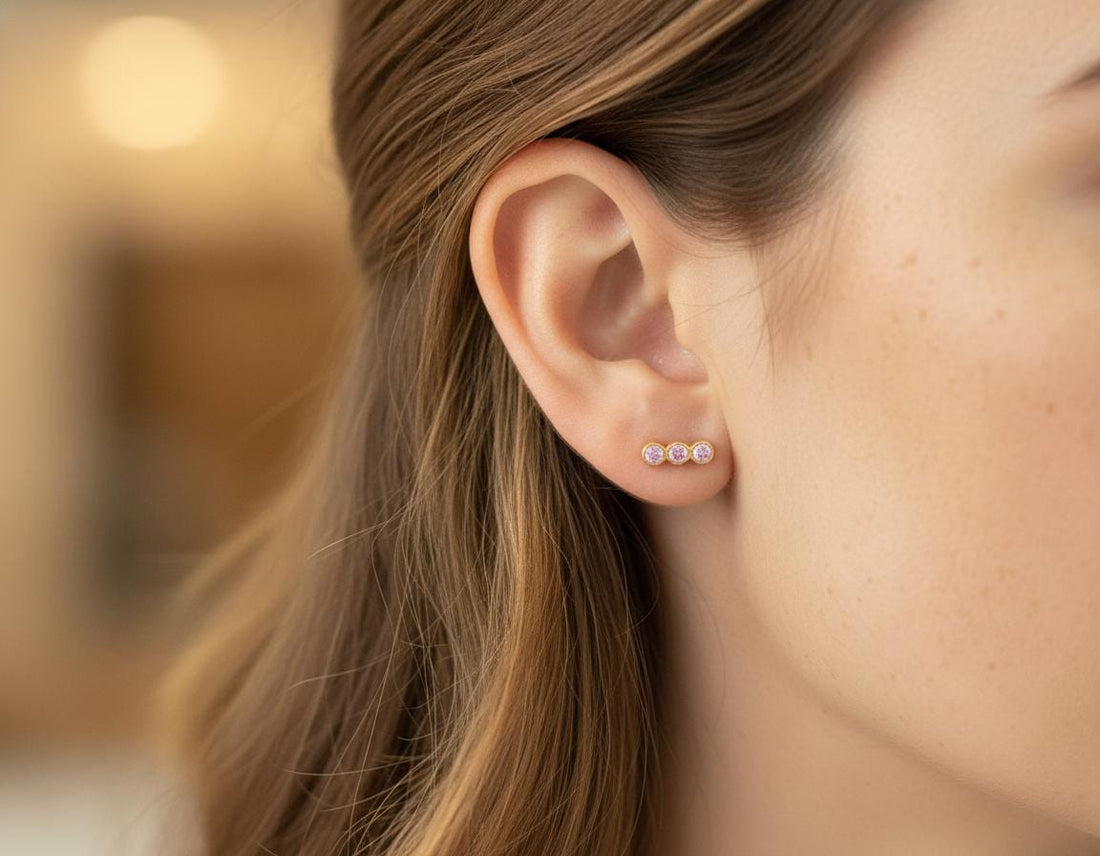Pink Sapphire Earrings / Three Stone Stud Earrings / September Birthstone Gift / Minimalist Gemstone Earrings