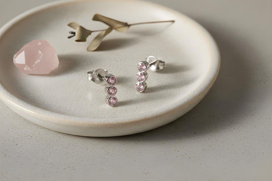 Pink Sapphire Earrings / Three Stone Stud Earrings / September Birthstone Gift / Minimalist Gemstone Earrings