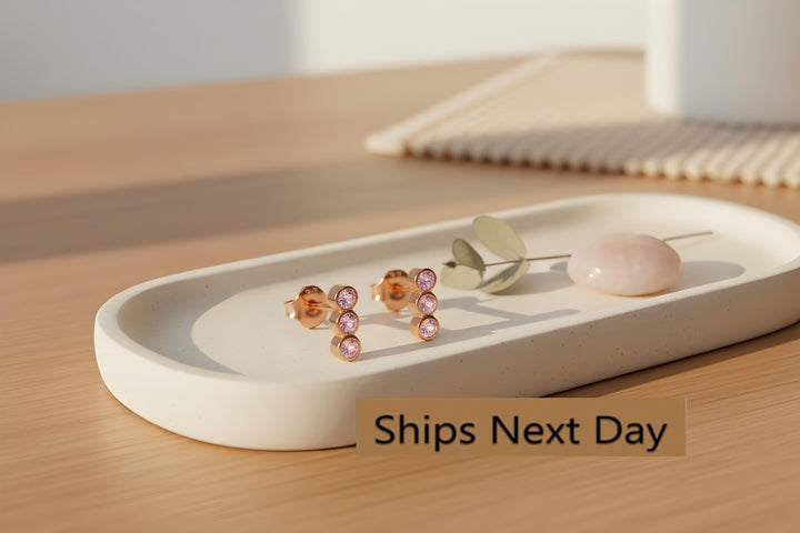 Pink Sapphire Earrings / Three Stone Stud Earrings / September Birthstone Gift / Minimalist Gemstone Earrings