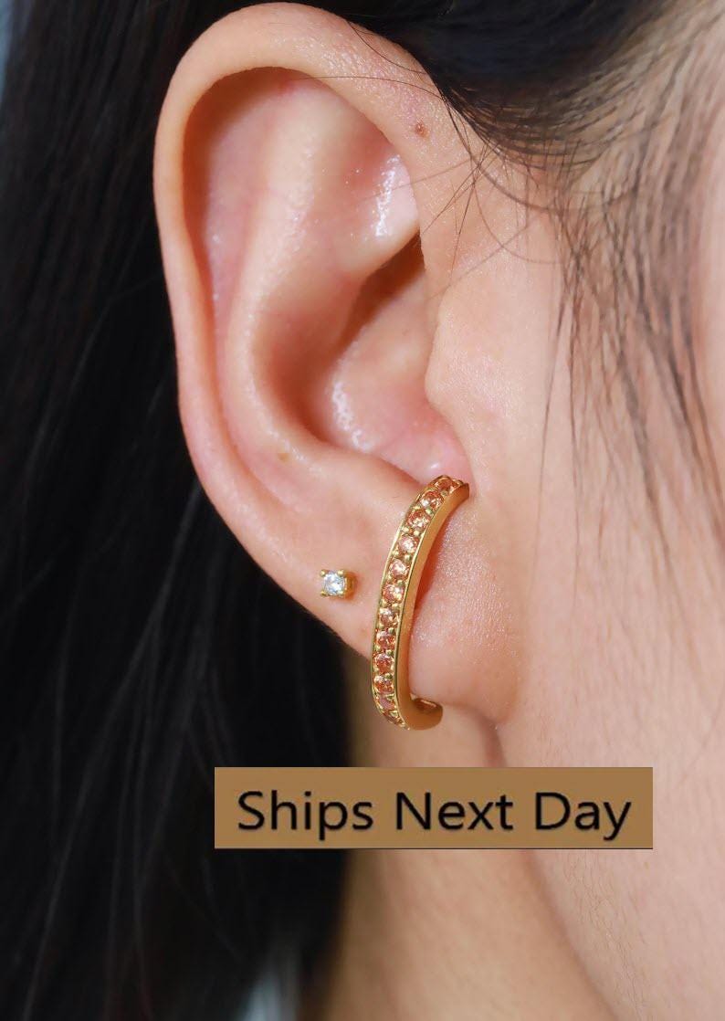 Citrine Curve Bar Stud Earrings, November Birthstone Gifts, Suspender Cuff Stud Earrings, Dainty Earrings Gift For Women
