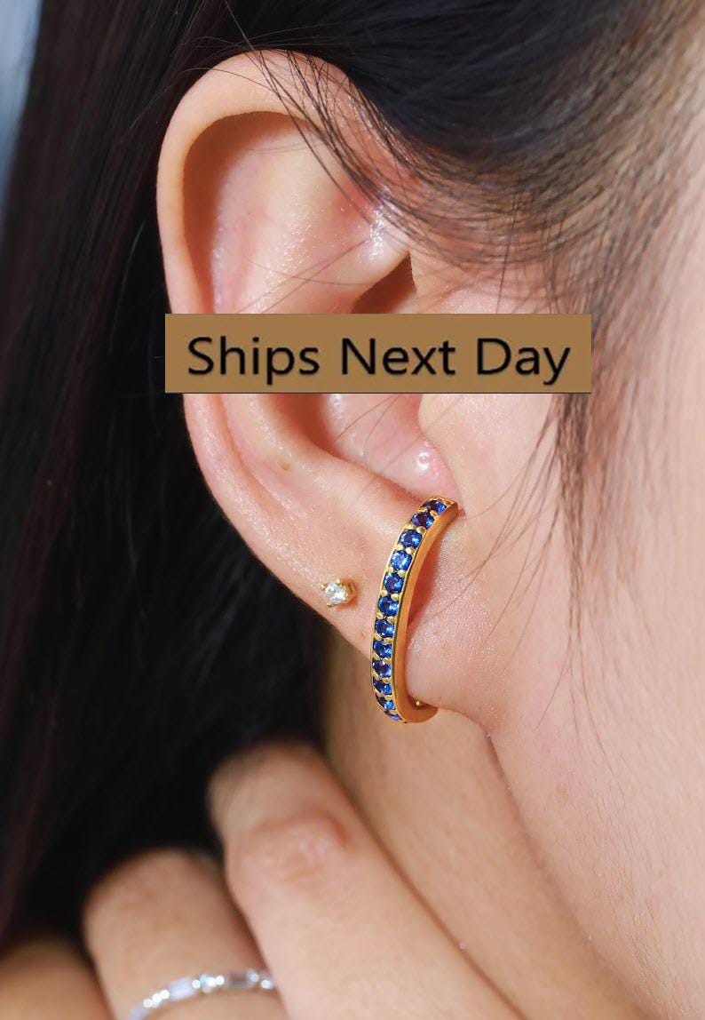 Blue Sapphire Curve Bar Stud Earrings, September Birthstone Gifts, Suspender Cuff Stud Earrings, Dainty Earrings Gift For Women