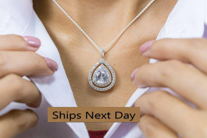 Teardrop Diamond Halo Necklace Pear Shaped Pendant Necklace Bridal Wedding Gift Anniversary Necklace Gift for Her Dainty Diamond Jewelry