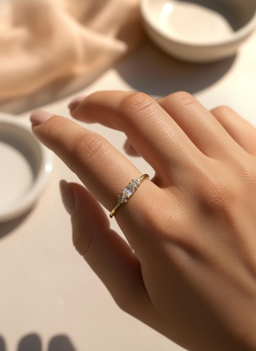 Minimalist Marquise Cut Gold Ring, 925 Sterling Silver Dainty Stacking Ring, Promise Ring Gift for Her