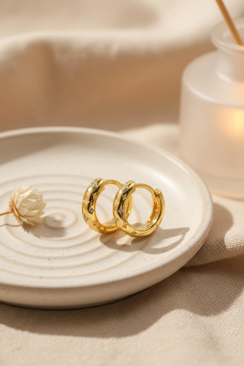 Celestial Huggie Hoop Earrings, 18K Gold Star Huggies for Women, Minimalist Hoop Earrings