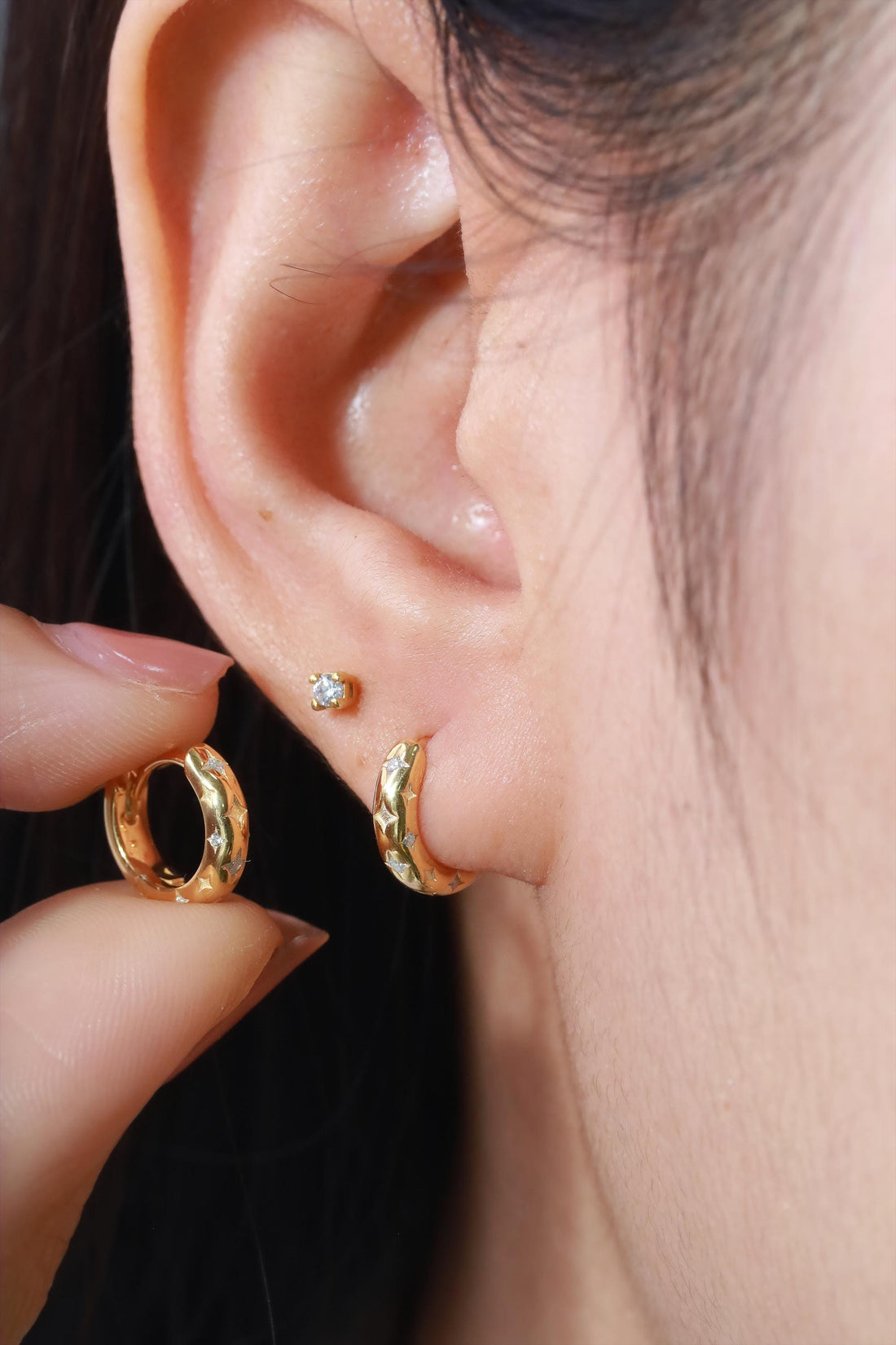 Celestial Huggie Hoop Earrings, 18K Gold Star Huggies for Women, Minimalist Hoop Earrings