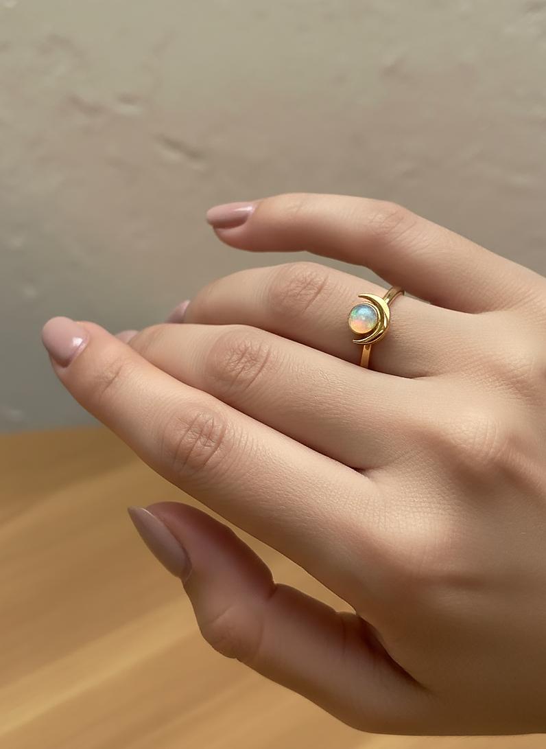 Crescent Moon Opal Ring, 18K Gold Plated White Fire Opal Ring Celestial Space Gift for Her, Best Friend Gift, Crescent Moon Jewelry
