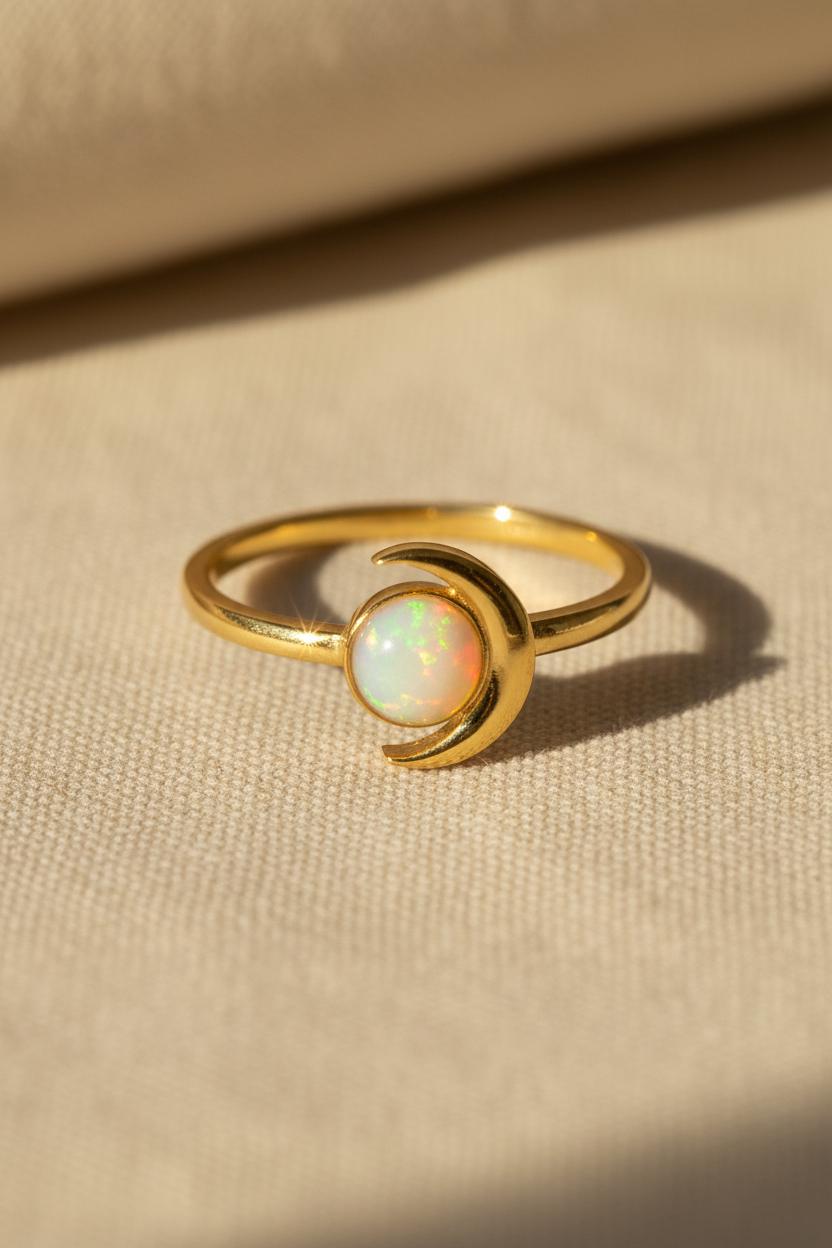 Crescent Moon Opal Ring, 18K Gold Plated White Fire Opal Ring Celestial Space Gift for Her, Best Friend Gift, Crescent Moon Jewelry