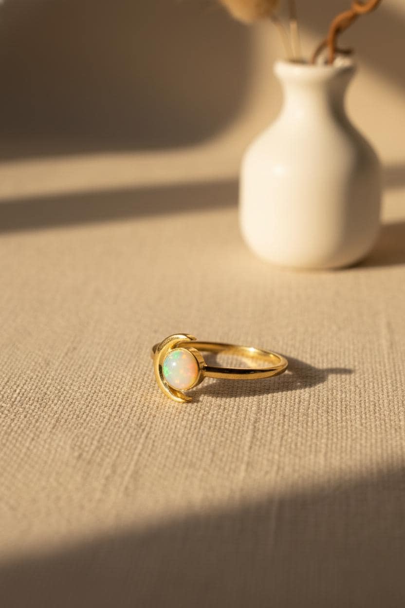 Crescent Moon Opal Ring, 18K Gold Plated White Fire Opal Ring Celestial Space Gift for Her, Best Friend Gift, Crescent Moon Jewelry