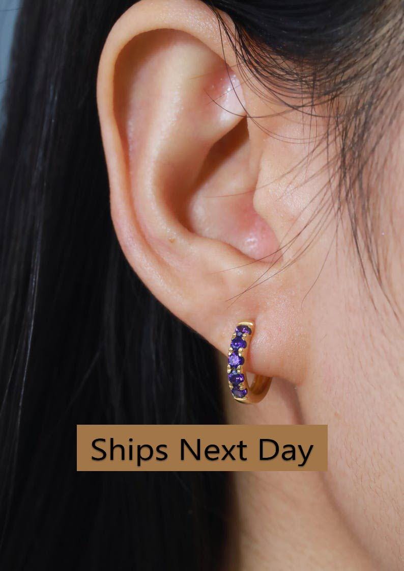 Five Stones Blue Sapphire Hoop Earring, September Birthstone Gifts, Huggie Hoops, Minimal Hoop Earring, In Stock