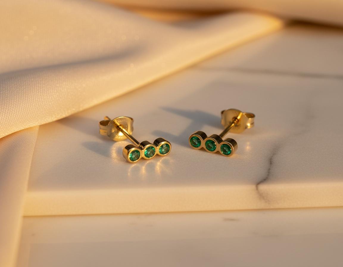 Emerald Earrings / Three Stone Stud Earrings / May Birthstone Gift / Minimalist Gemstone Earrings / Holiday Gift for Her