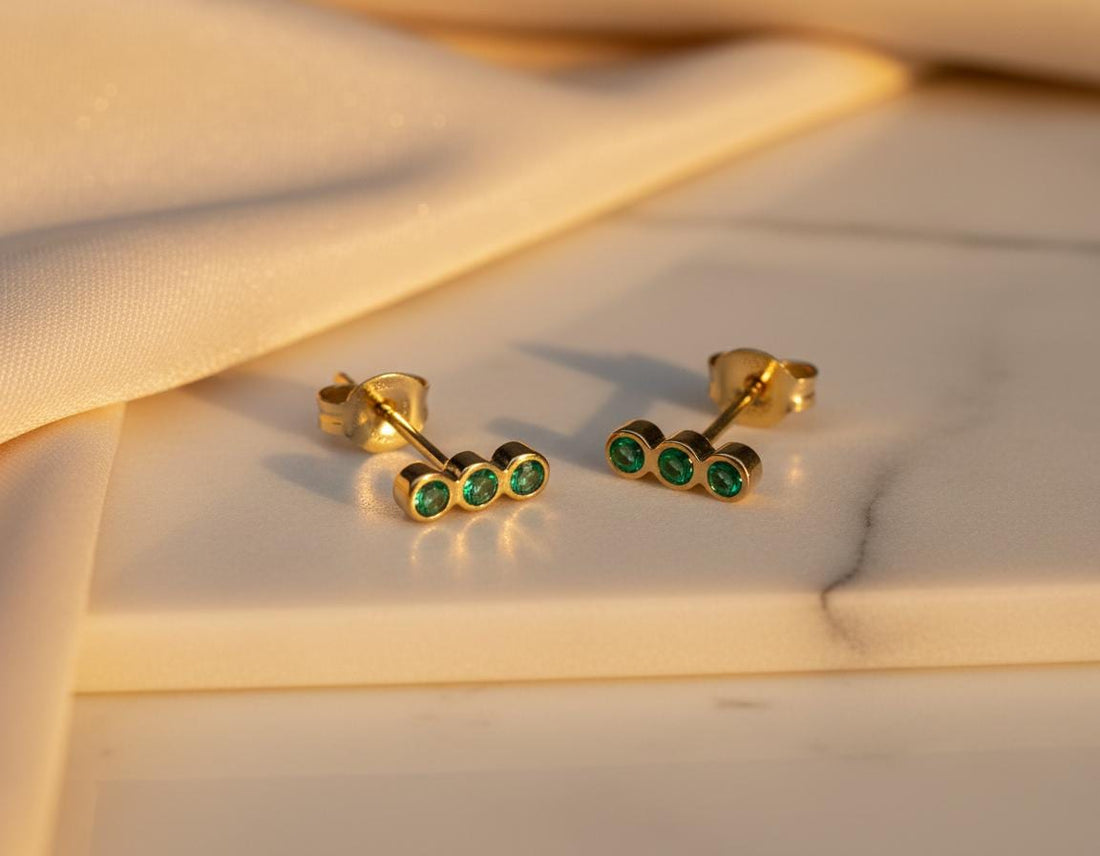 Emerald Earrings / Three Stone Stud Earrings / May Birthstone Gift / Minimalist Gemstone Earrings / Holiday Gift for Her