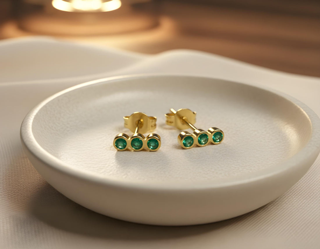 Emerald Earrings / Three Stone Stud Earrings / May Birthstone Gift / Minimalist Gemstone Earrings / Holiday Gift for Her