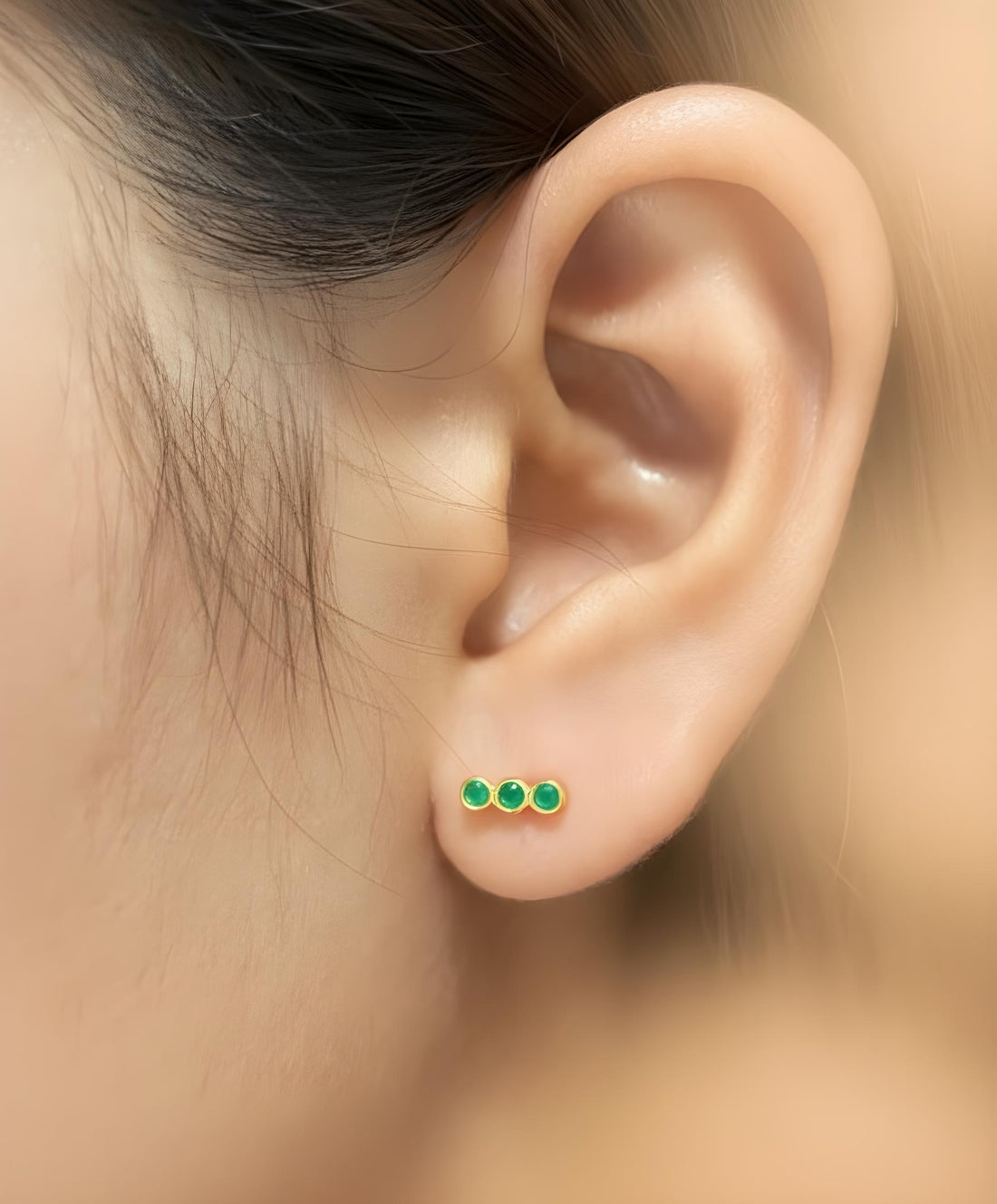 Emerald Earrings / Three Stone Stud Earrings / May Birthstone Gift / Minimalist Gemstone Earrings / Holiday Gift for Her