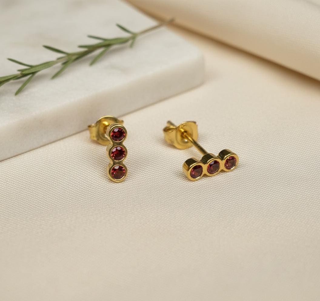 Garnet Earrings / Three Stone Stud Earrings / January Birthstone Gift / Minimalist Gemstone Earrings