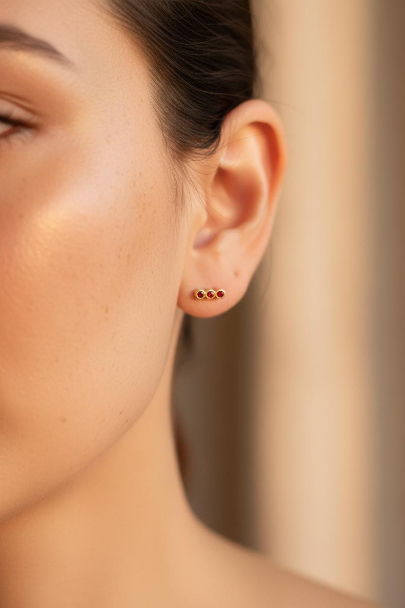 Garnet Earrings / Three Stone Stud Earrings / January Birthstone Gift / Minimalist Gemstone Earrings