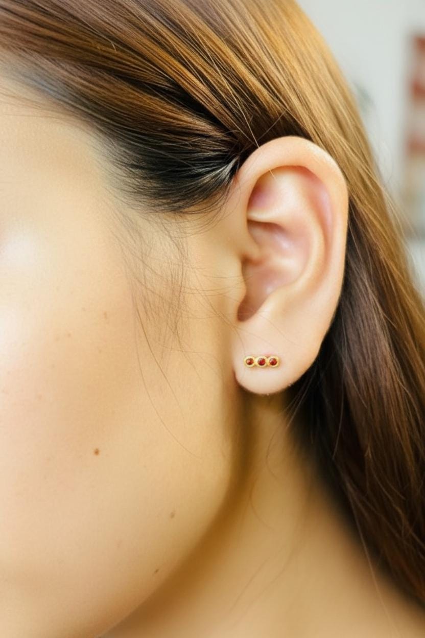 Garnet Earrings / Three Stone Stud Earrings / January Birthstone Gift / Minimalist Gemstone Earrings