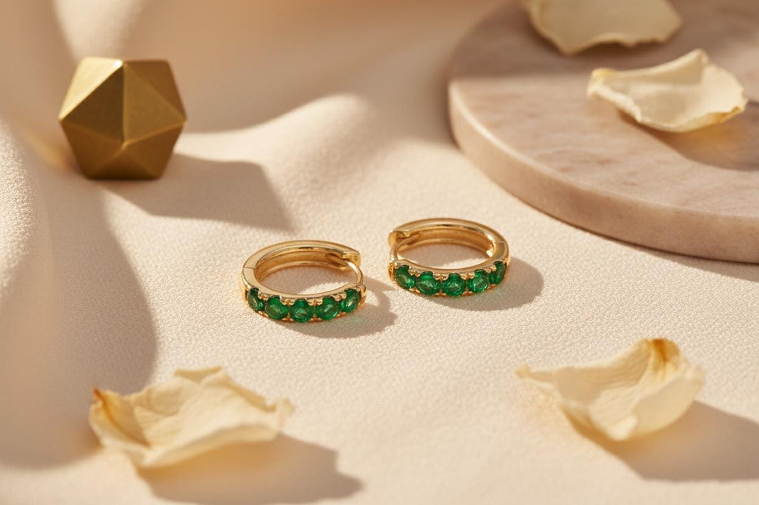 Five Stones Emerald Hoop Earrings, May Birthstone Gifts, Huggie Hoops, Minimal Hoop Earrings, Holiday Gift for Her