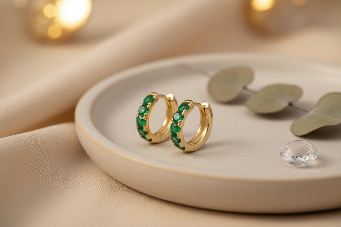 Five Stones Emerald Hoop Earrings, May Birthstone Gifts, Huggie Hoops, Minimal Hoop Earrings, Holiday Gift for Her