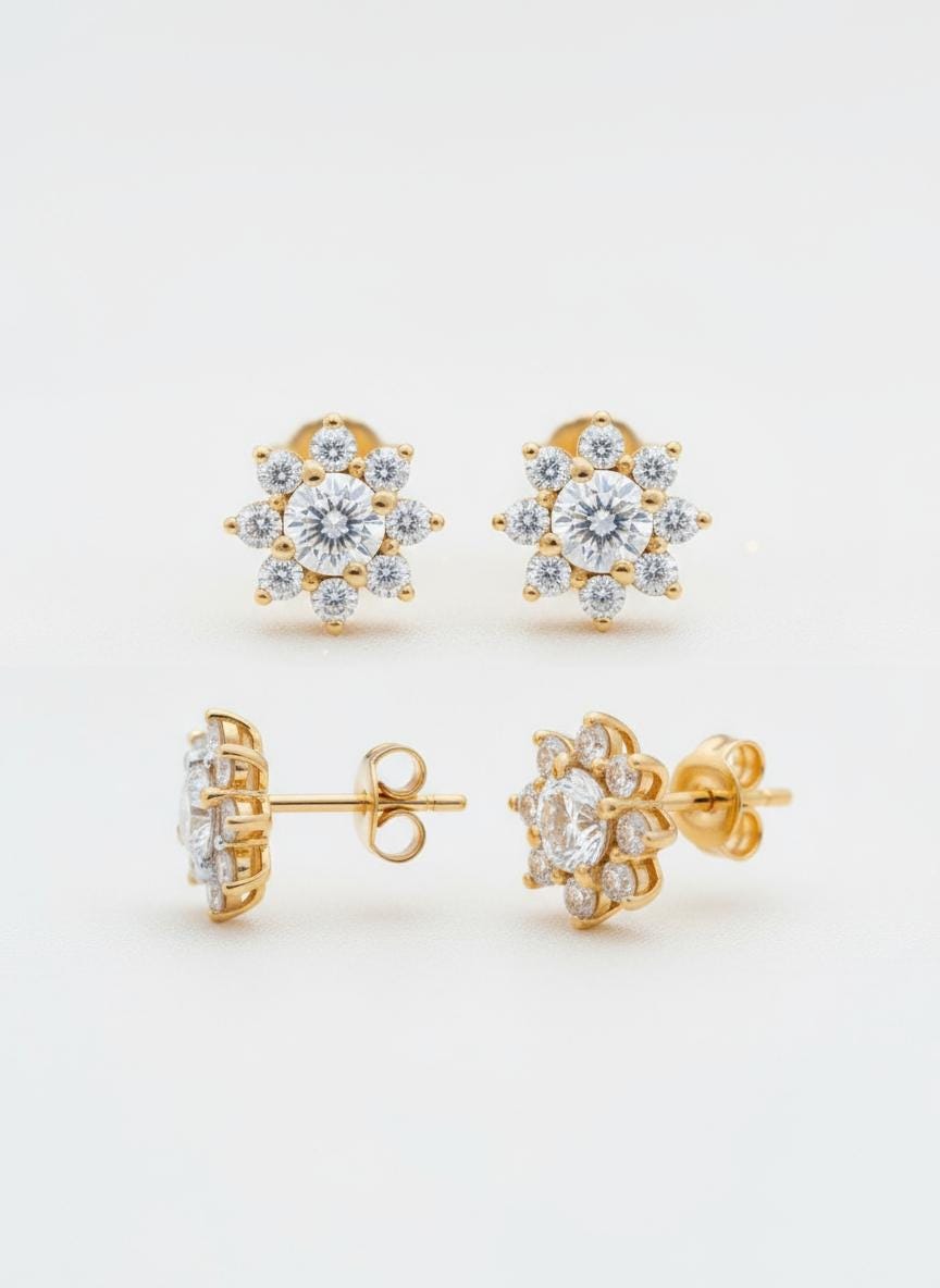 Flower Stud Earrings / Flower Stud Charm / Diamonds Minimalist Earrings / Floral Jewelry / Christmas Gift for Her / Valentine's Day Gift