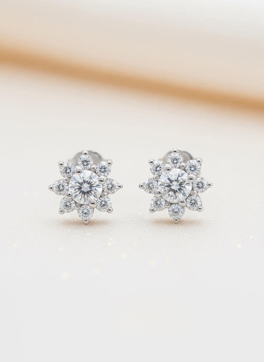Flower Stud Earrings / Flower Stud Charm / Diamonds Minimalist Earrings / Floral Jewelry / Christmas Gift for Her / Valentine's Day Gift