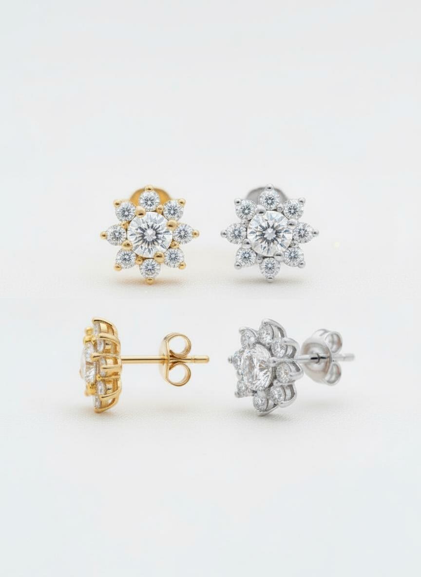 Flower Stud Earrings / Flower Stud Charm / Diamonds Minimalist Earrings / Floral Jewelry / Christmas Gift for Her / Valentine's Day Gift