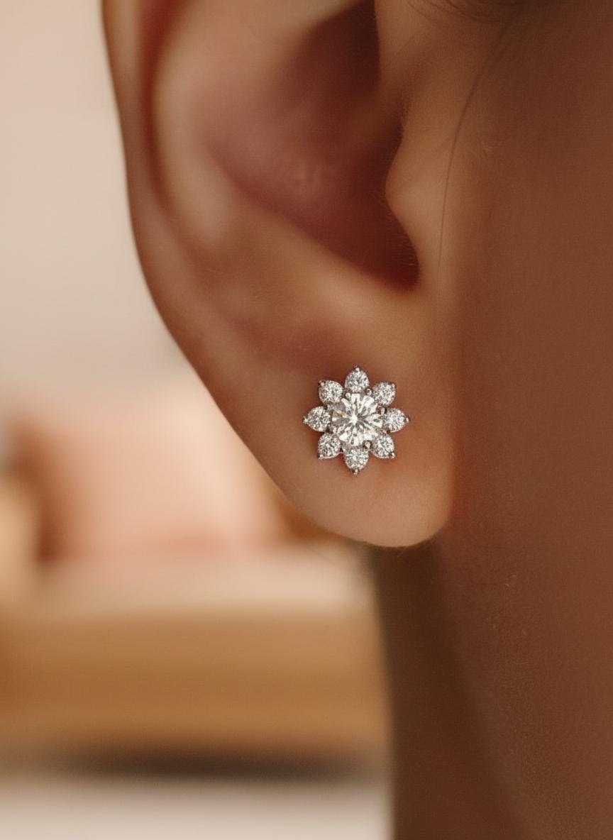 Flower Stud Earrings / Flower Stud Charm / Diamonds Minimalist Earrings / Floral Jewelry / Christmas Gift for Her / Valentine's Day Gift