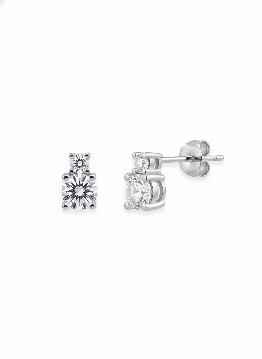 Two Stone Diamond Earrings / 18K Gold Plated Diamond Studs / Bridesmaid Earrings / Wedding Earrings Gift for Her