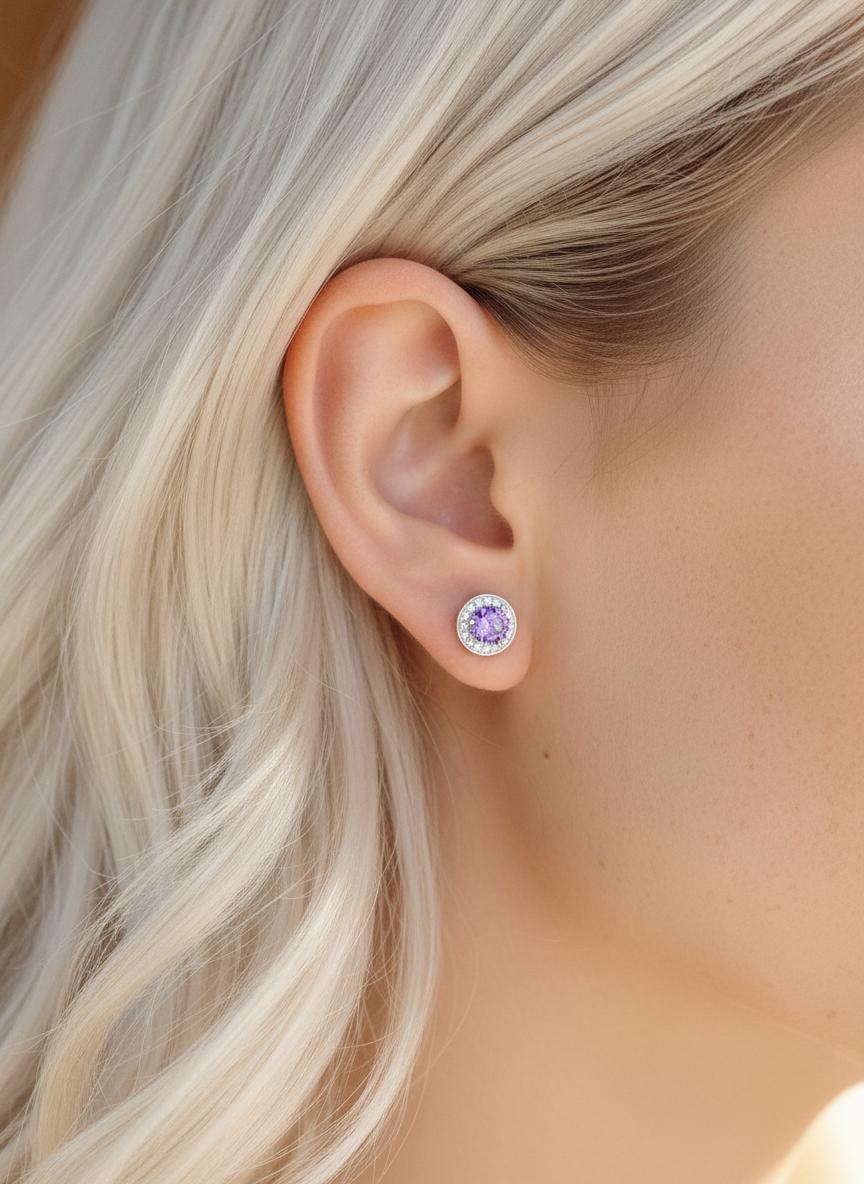 Halo Amethyst Earrings / Amethyst Stud Earrings / Everyday Earring / February Birthstone Studs / Classic Earrings