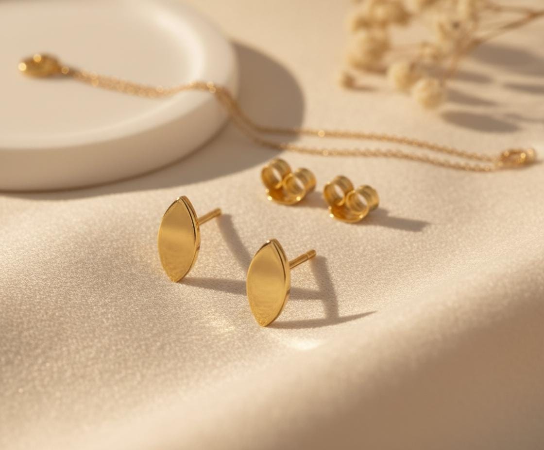 Dainty Marquise Stud Earrings, 18K Gold Plated Minimalist Earrings, Vintage Bridal Studs, Bridesmaid Wedding Gift for Her