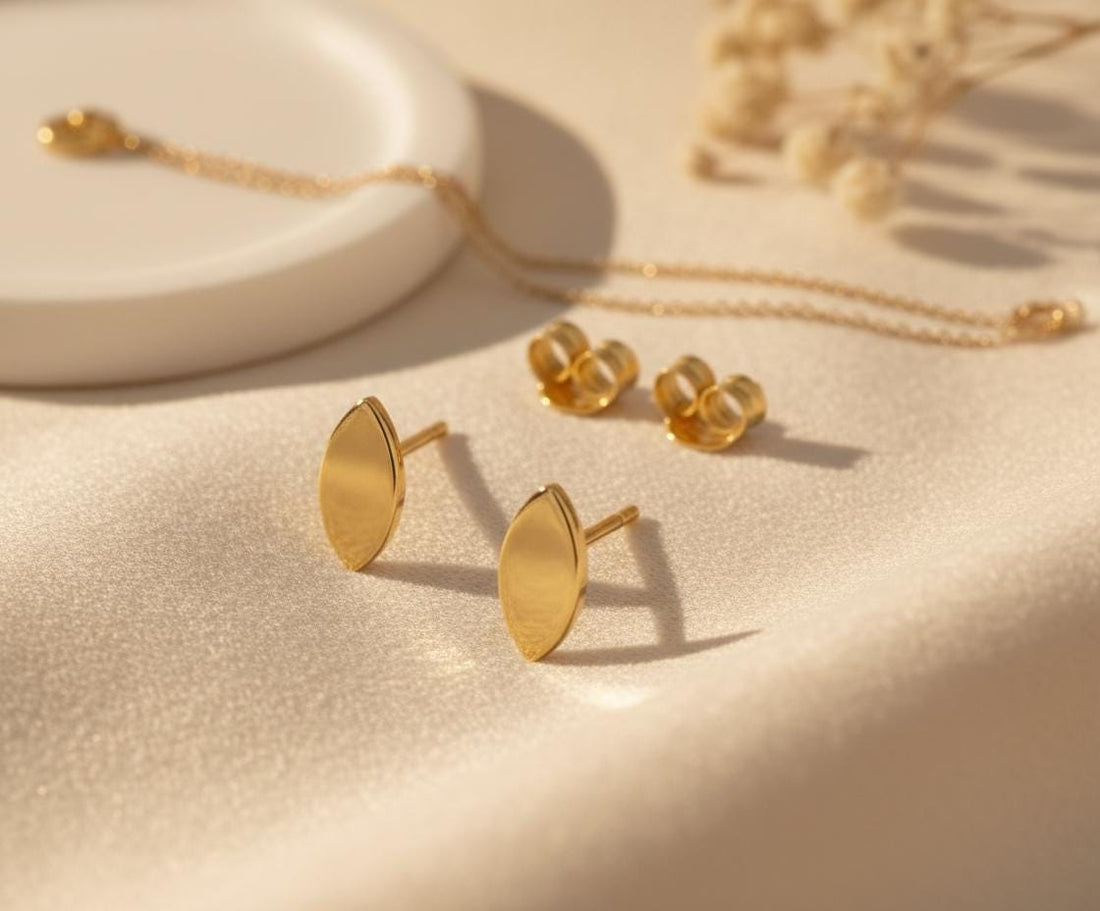Dainty Marquise Stud Earrings, 18K Gold Plated Minimalist Earrings, Vintage Bridal Studs, Bridesmaid Wedding Gift for Her