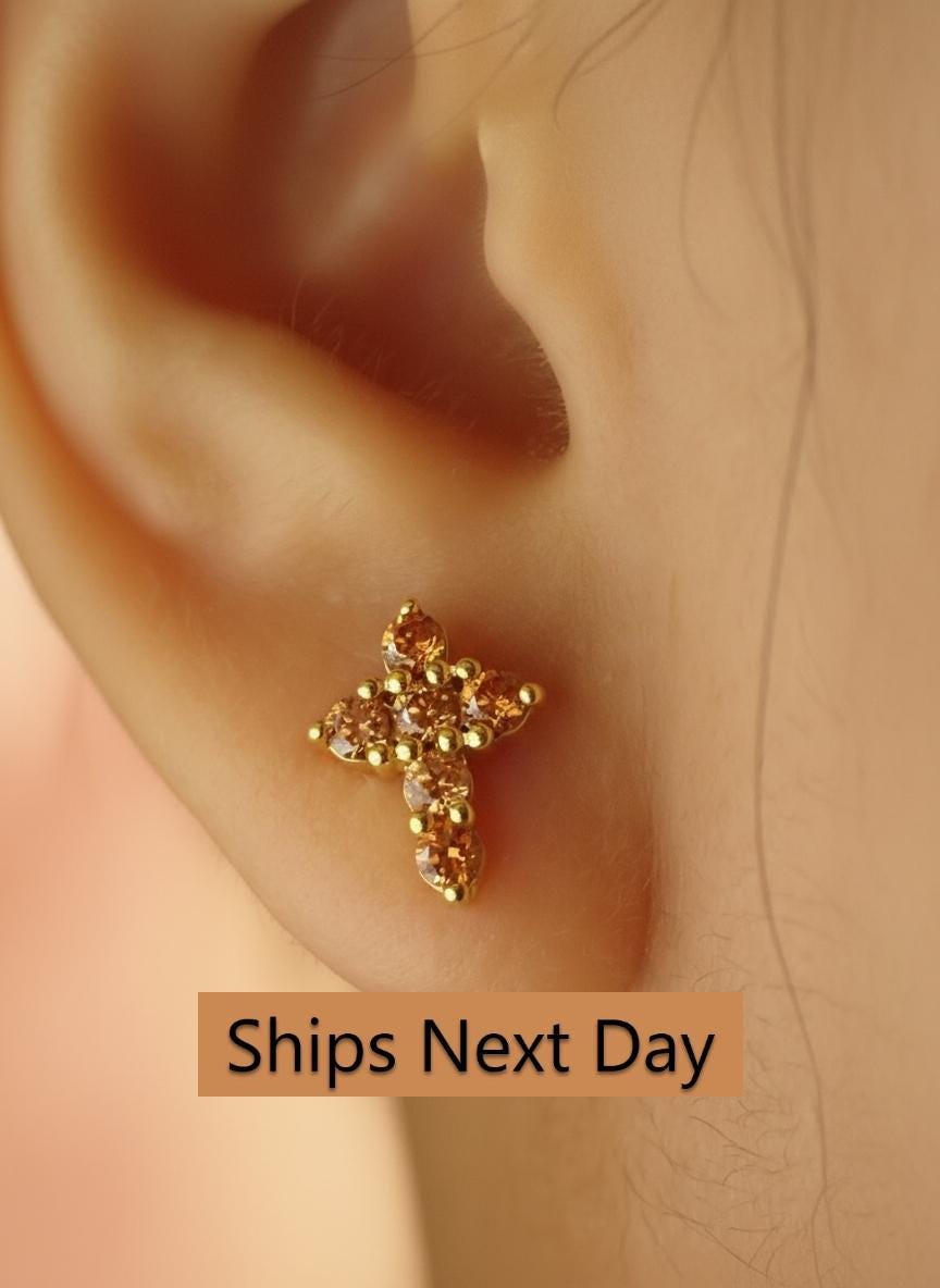 Citrine Cross Stud Earrings / Citrine Earrings / Tiny Cross Studs / November Birthstones Gift / Religious Earrings Gift for Her