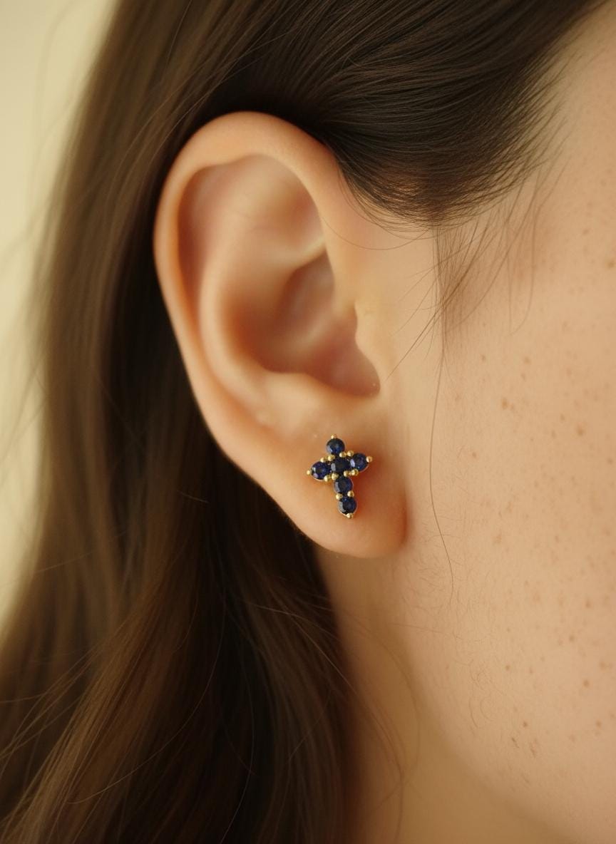 Blue Sapphire Cross Stud Earrings / Tiny Cross Studs September Birthstones / Religious Earrings Gift / Holiday Gift for Her