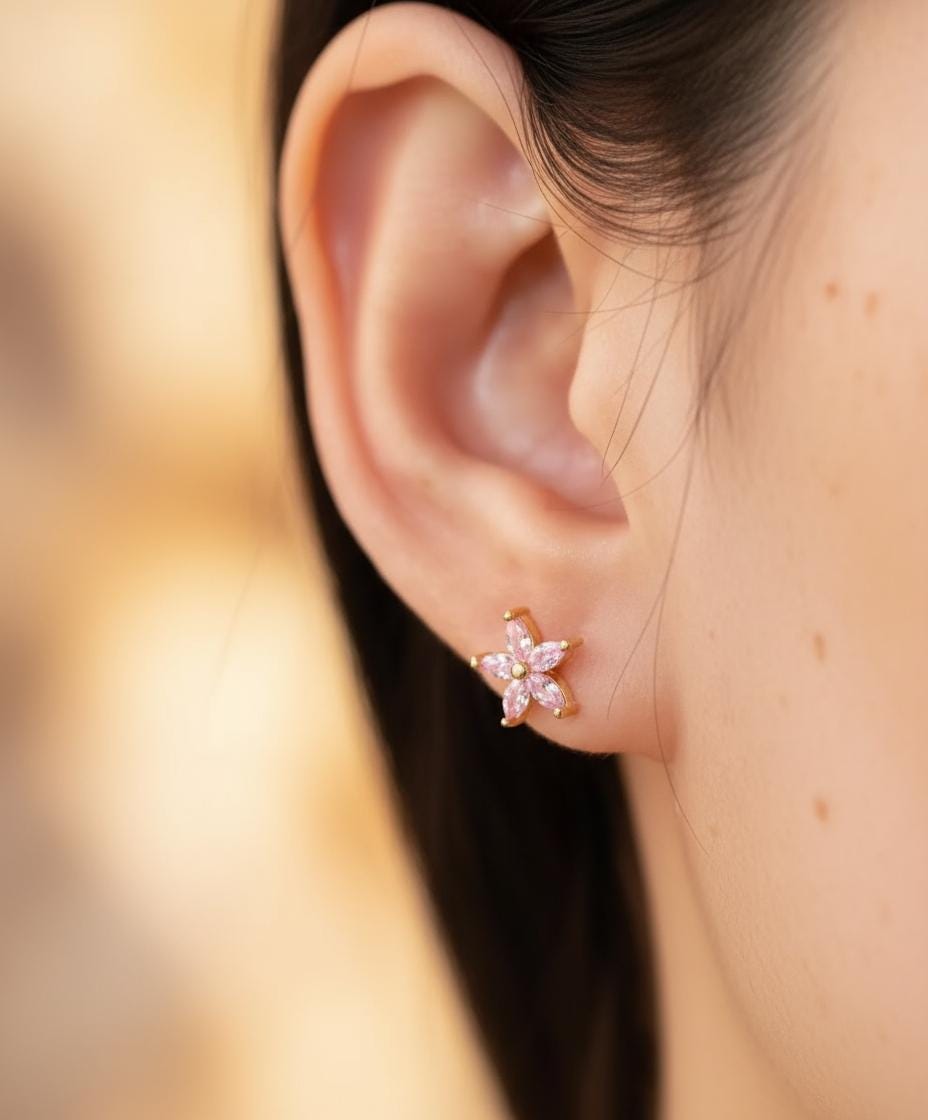 Pink Sapphire Flower Stud Earrings, September Birthstones, Everyday Earrings Gift for Her, Floral Studs, Graduation Gifts