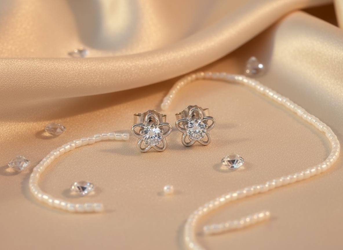 Flower Stud Earrings / 925 Sterling Silver Flower Earrings / Diamonds Minimalist Earrings / Bridesmaid Gift