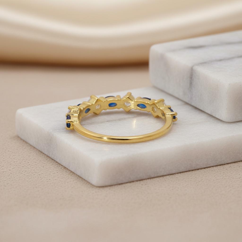 Blue Sapphire Marquise Wedding Ring, September Birthstone Ring, 18K Gold Half Eternity Wedding Band,  Blue Gemstone Band Gift for Her